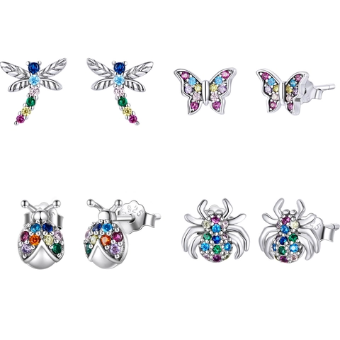 925 Sterling Silver Zirconia Insect Stud Earrings For Women Butterfly Dragonfly Bee Spider Beetle Animal Jewelry Gift