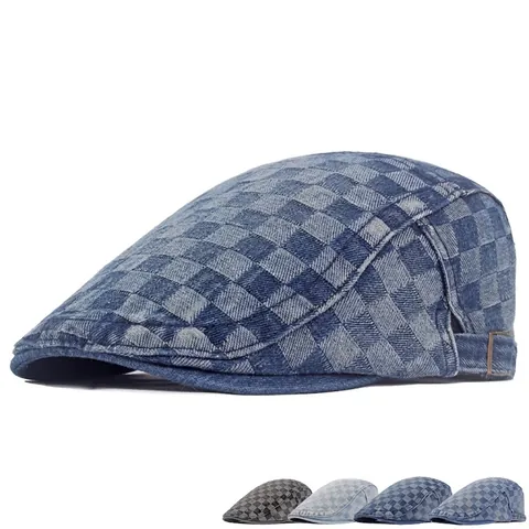 Retro Britse Stijl Gewassen Denim Katoen Schaakbord Baret Verstelbare Platte Pet Unisex Ivy Hoed
