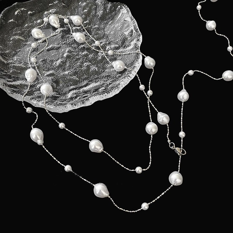 Collar Largo De Perlas Barrocas Artificiales Irregulares Aleación Cadena Plateada Capas Múltiples Jersey Retro Elegante Joyería Mujer