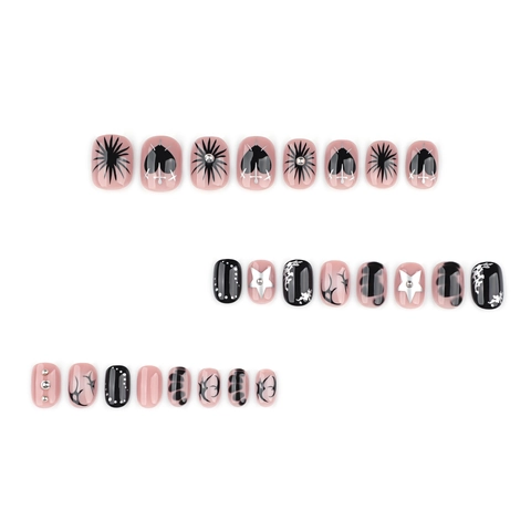 Faux Ongles À Presser Cœur Noir Style Gothique Y2K Rose Et Noir Brillants Avec Étoiles Argentées Pour Femmes
