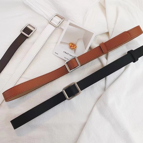 Women Faux Leather Belt Minimalist Waist Strap With Round Square Metal Buckle Casual For Jeans Dress Ladies Vintage
