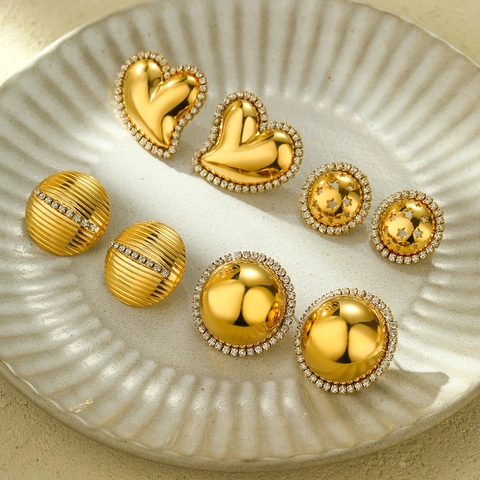Fashion Stainless Steel Heart Star Stud Earrings For Women Gold Plated Rhinestone Inlaid Hollow Geometric Jewelry Gift