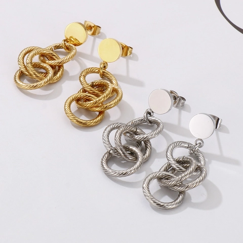 Boucles D'oreilles Pendantes En Acier Inoxydable Pour Femmes Triple Cercles Entrelacés Corde Texturée Rétro Style INS Bijoux