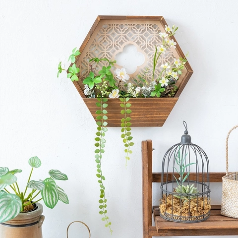 Decoración De Pared Hexagonal De Madera Con Flores Artificiales Y Vegetación Estilo Retro Para Balcón Y Hogar Interior