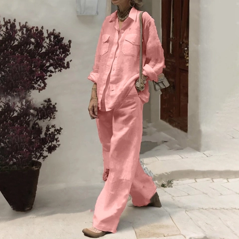 Women Outfits Linen Textured Long Sleeve Lapel Button Down Shirt And Wide Leg Pants Casual Loose Streetwear Loungewear