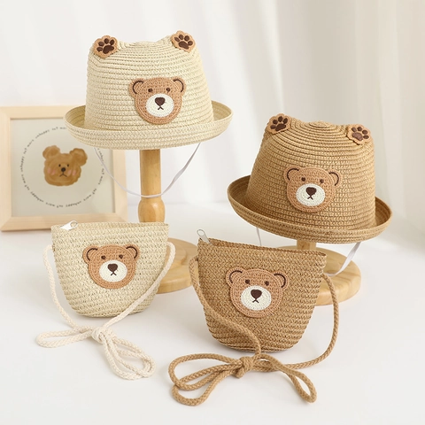 Kids Straw Hat And Matching Crossbody Bag Bear Ear Design Summer Sun Protection Breathable Beach Accessory For Children