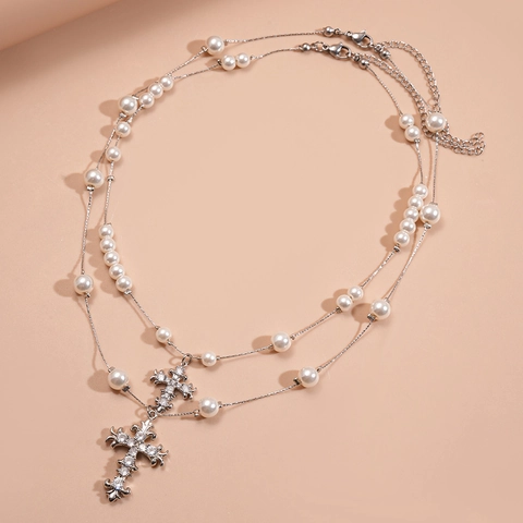 Collar De Doble Capa Con Colgante De Cruz Imitación De Perla Artificial Circonita Cobre Vidrio Para Mujeres Gótico Elegante