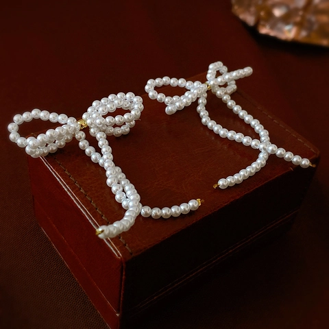 Elegant Bow Imitation Artificial Pearl Tassel Drop Earrings With Silver Earring Post French Retro Style Jewelry For Women