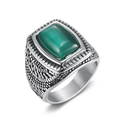 Anello Sigillo Da Uomo Nordico Retrò Acciaio Inossidabile 316 Smeraldo Sintetico Verde Occhio Di Gatto Texture Incisa Gioielli
