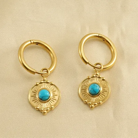Bohemian Round Blue Turquoise Hoop Drop Earrings 18K Gold Plated Stainless Steel Solar Radiation Texture Jewelry For Women