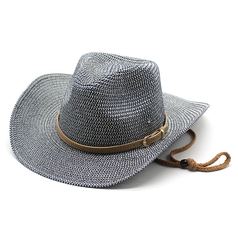 Men Cowboy Hat Paper Straw Wide Brim Sun Protection Breathable Beach Summer Western With Chin Strap Leather Belt Decor