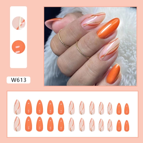 Appuyez Sur Les Ongles Orange Rouge Cristal Gelée Forme Amande Ondulée Ligne Or Français Brillant Faux Ongles Artificiels