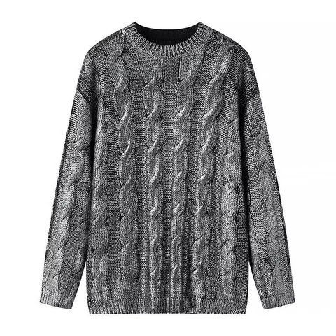 Maglione Donna Maglia Trecce Argento Metallizzato Girocollo Maniche Lunghe