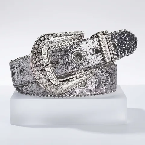 Women Western Rhinestone Belt Fashion Bling Sequin Waist Belt With Alloy Pin Buckle Shiny Decorative Pant Belt For Ladies