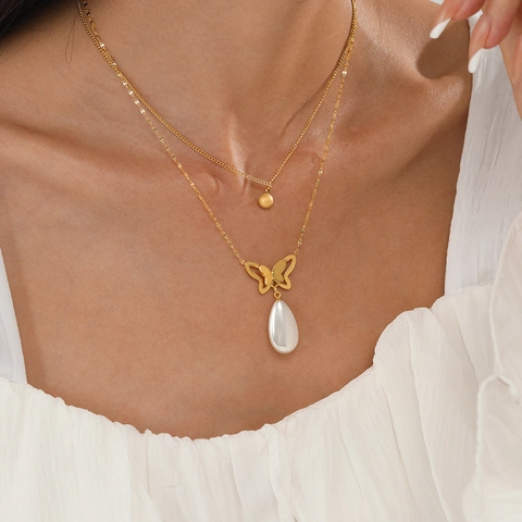 Collar de Doble Capa de Acero Inoxidable Con Colgante de Mariposa y Gota de Nácar Joyería de Moda para Mujer Regalo