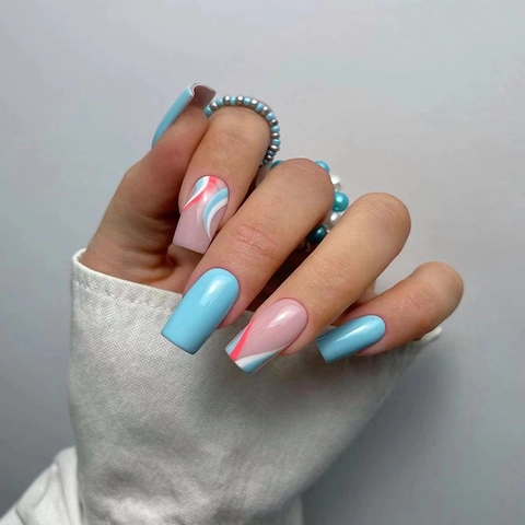 Unghie Finte Press On Blu Rosa Bianco Motivo Onde Quadrate Arrotondate Lucide Per Donna Manicure Quotidiana Decorativa