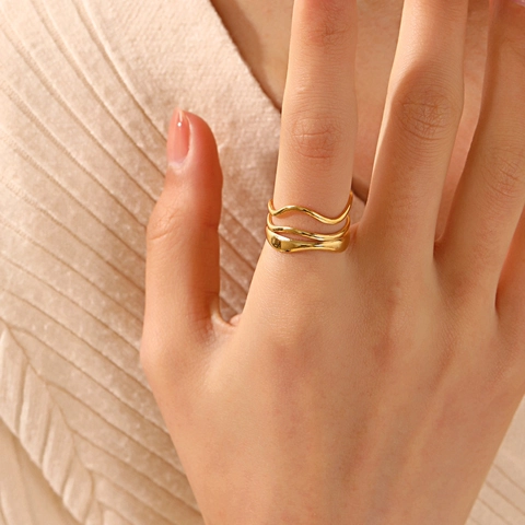 Non Fading Wave Line Multi Layer Ring Stainless Steel Adjustable Open Band Geometric Minimalist Fashion Jewelry For Women