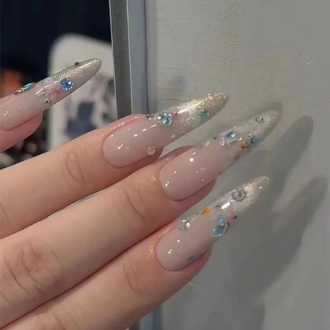 Ψεύτικα Νύχια Press On Cat Eye Glitter Μακρύ Αμυγδαλωτό Nude Ροζ Στρας Ντεγκραντέ Για Γυναίκες Κομψό Μανικιούρ