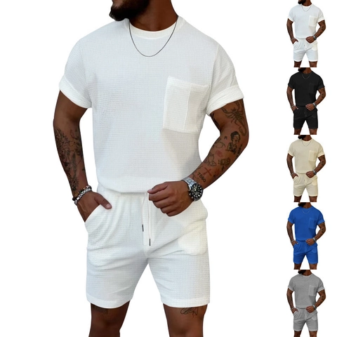 Men Waffle Knit Short Sleeve T-shirt And Shorts Casual Summer Sports Loungewear Loose Pocket Round Neck