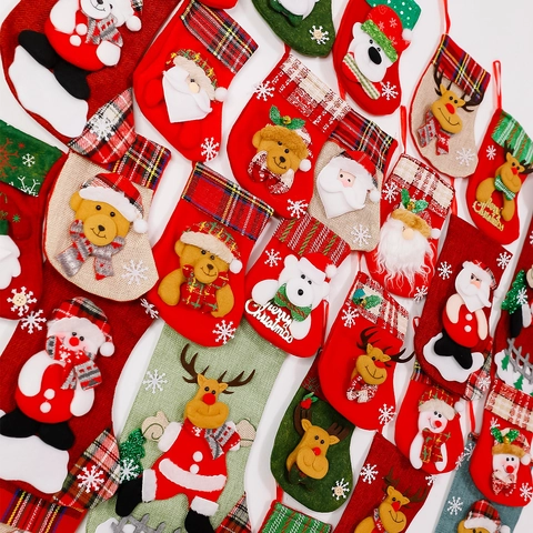 Mini Calza Di Natale Addobbo Appeso Babbo Natale Pupazzo Di Neve Renna Orso Tessuto Feltro Paillettes Regalo