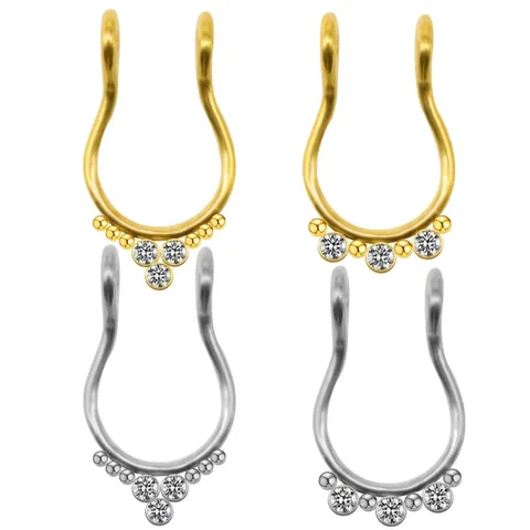 Fake Nose Ring Stainless Steel Cubic Zirconia Non Piercing U Shaped Septum Hoop Clip On Jewelry