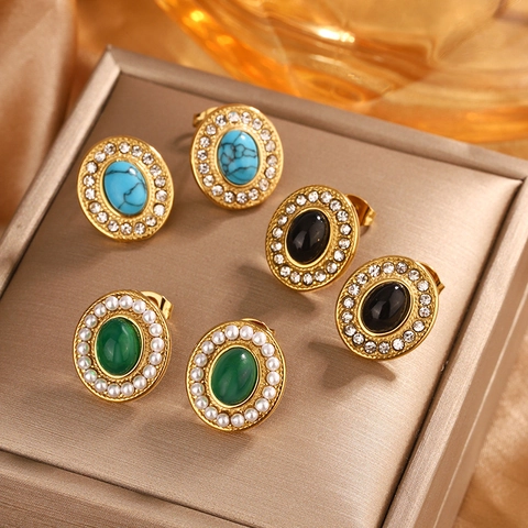 Vintage 18K Gold Plated Stainless Steel Stud Earrings For Women Rhinestone Turquoise Heart Geometric Inlaid Jewelry Gift