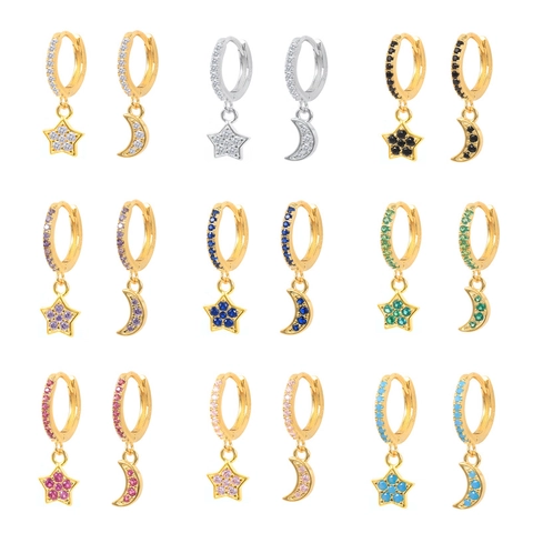 Orecchini a Cerchio Asimmetrici Stella e Luna con Perno in Argento 925 Placcato Oro e Zirconi Gioielli Moda Donna