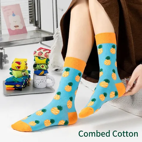 Women Fashion Crew Socks Cute Fruit Print Cotton Blend Casual Breathable Daily Soft Long Hosiery Gift