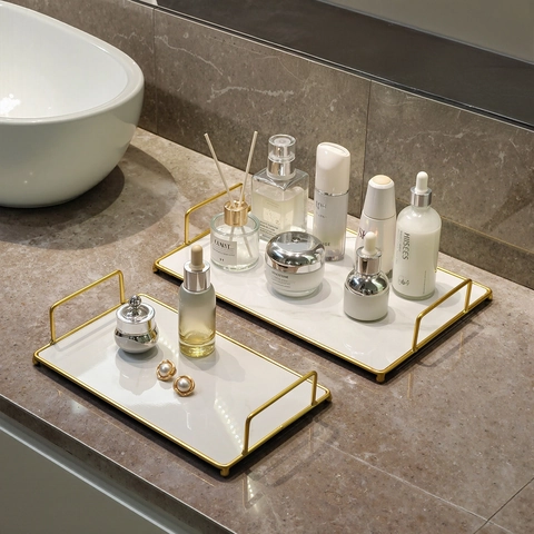 Luxury Bathroom Storage Tray Marble Pattern UV Board Iron Gold Frame Vanity Countertop Organizer Waterproof With Handles Modern