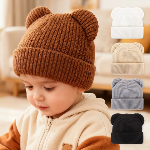 Baby Knit Hat Cute Bear Ears Winter Warm Ribbed Beanie For Toddler Infant Newborn Acrylic Soft Cuffed Cap