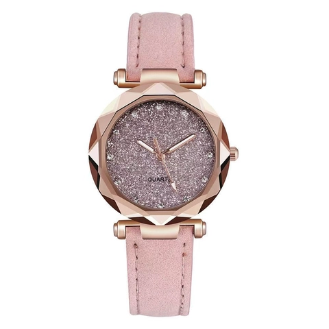 Women's Quartz Watch Starry Sky Glitter Dial Rhinestone Scale Faceted Case Matte Faux Leather Strap Fashion Casual