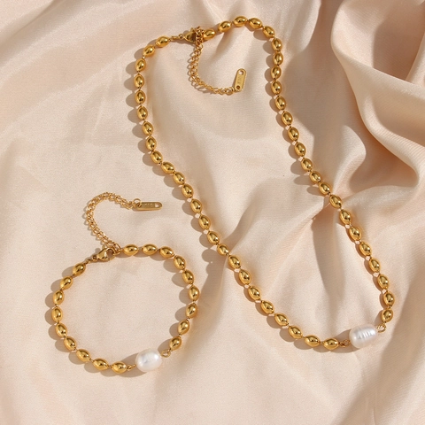 Fashion Stainless Steel Gold Oval Bead Necklace Bracelet With Artificial Pearl Jewelry Set For Women Daily Party Accessory