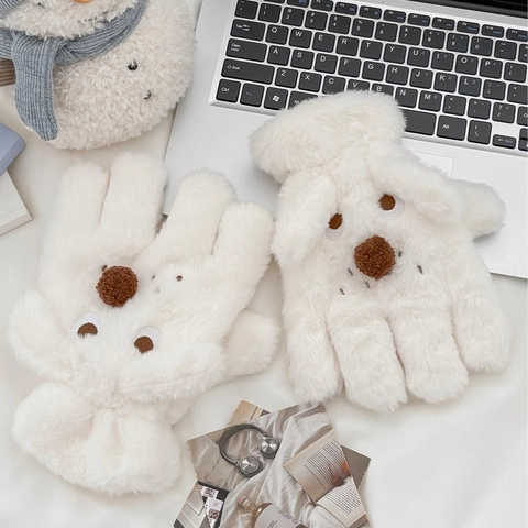 Cartoon Dog Plush Gloves Full Finger Faux Fur Warm Winter Windproof Hanging Neck String Cute Animal Design