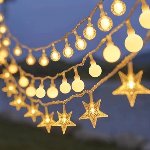 LED String Lights PVC Star Moon Ball Shapes Solar Powered Waterproof Christmas Holiday Decor Warm White Multicolor Glow