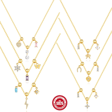 925 Sterling Silver Necklace Gold Plated With Detachable Zircon Artificial Pearl Charms Butterfly Heart Star Dainty Jewelry For Women