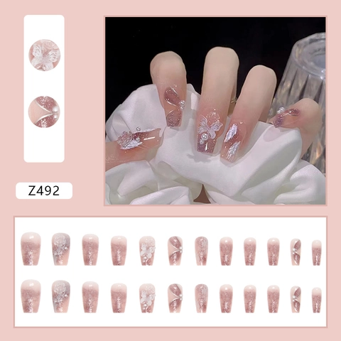 Coffin Künstliche Fingernägel Lila Farbverlauf 3D Schmetterling Blume Künstliche Perle Dekoration Katzenauge Glitzer Damen Elegant