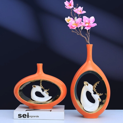 Modern Luxury Ceramic Vases With Gold Couple Deer Figurines Hollow Design Nordic Style Home Decor Living Room Ornament