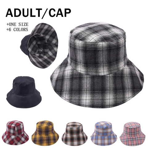 Women's Reversible Plaid Cotton Bucket Hat Foldable Outdoor Sun Protection Sunshade Basin Hat Japanese Korean Literary Style Travel Cap