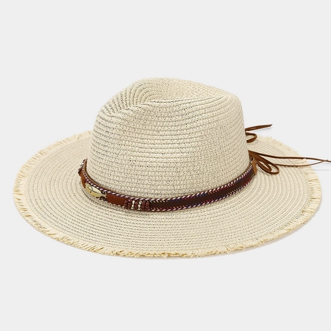 Bohemian Straw Fedora Hat Wide Frayed Edge Feather Leather Band Summer Beach Breathable Sun Protection For Women