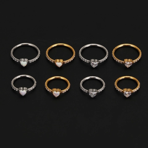 Heart Opal Cubic Zirconia Nose Ring Hinged Seamless Titanium Steel Hoop Earring Body Piercing Jewelry