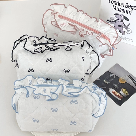 Quilted Cotton Cosmetic Bag Bow Print Ruffle Edge Travel Toiletry Pouch Sweet Makeup Organizer For Women Girly Style