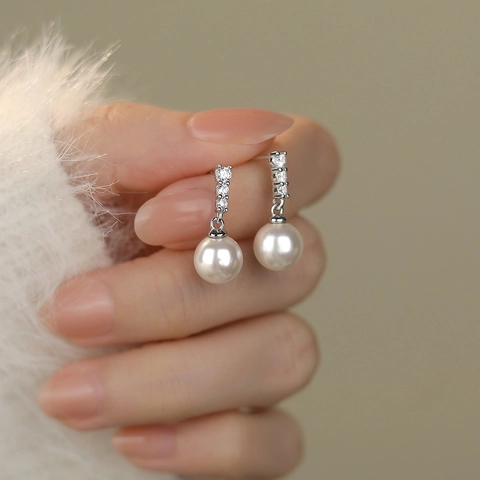 French Sparkly Zircon Artificial Pearl Dangle Earrings With 925 Sterling Silver Earring Post For Women Elegant Jewelry