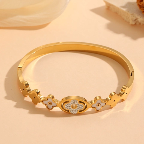Bracciale Rigido Fiore Trifoglio Acciaio Inossidabile Smalto Bianco Rhinestone Gioielli Eleganti Per Donna Placcato Oro