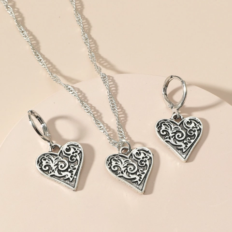 Bijoux Cœur Vintage Alliage Motif Sculpté Collier Et Boucles D'oreilles Style Bohème