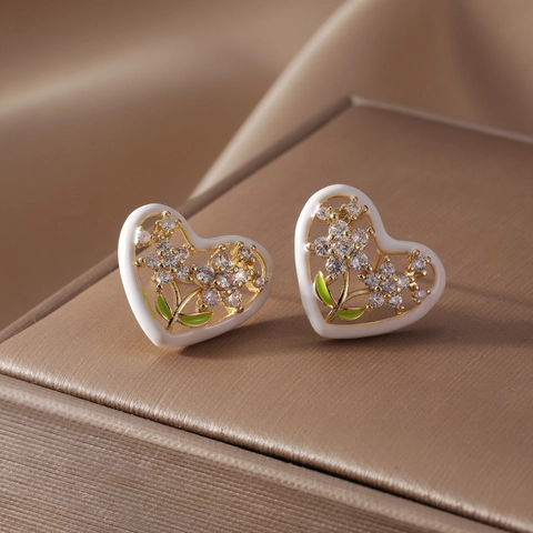 Süße Kupfer Emaille Herz Blume Ohrstecker Mit Zirkonia Eingelegt Elegante Florale Herzförmige Ohrringe Für Damen Geschenk