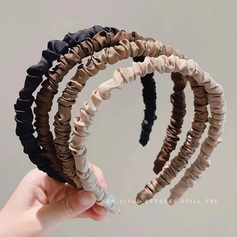 Elegant Ruched Satin Headband For Women French Forest Style Scrunchie Hair Hoop Thin Solid Color Pleated Hairband