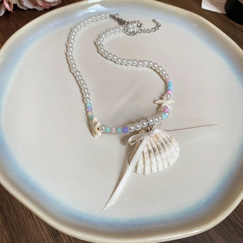 Bohemia Shell Starfish Pendant Necklace Beaded Faux Artificial Pearl Wax Rope Summer Beach Holiday Jewelry For Women