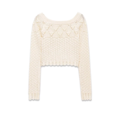 Top In Maglia All Uncinetto Da Donna Traforato Girocollo Maniche Lunghe Corto Poliestere Dolce Casual Crema Albicocca