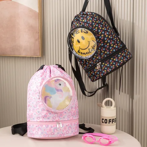 Cartoon Drawstring Backpack Dry Wet Separation Waterproof Swimming Gym Bag For Kids Travel Independent Shoe Compartment