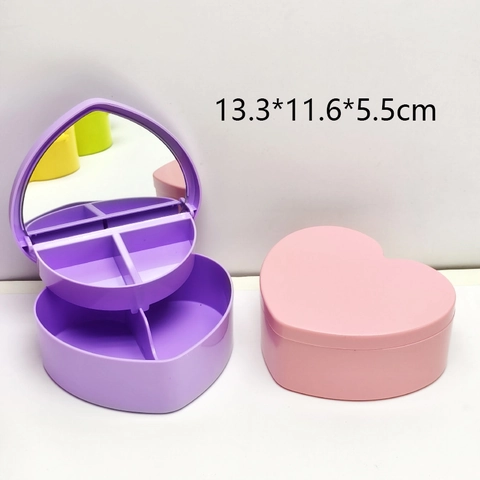 Heart Shaped Plastic Jewelry Box Double Layer With Mirror Desktop Storage Organizer Macaron Color Portable Case